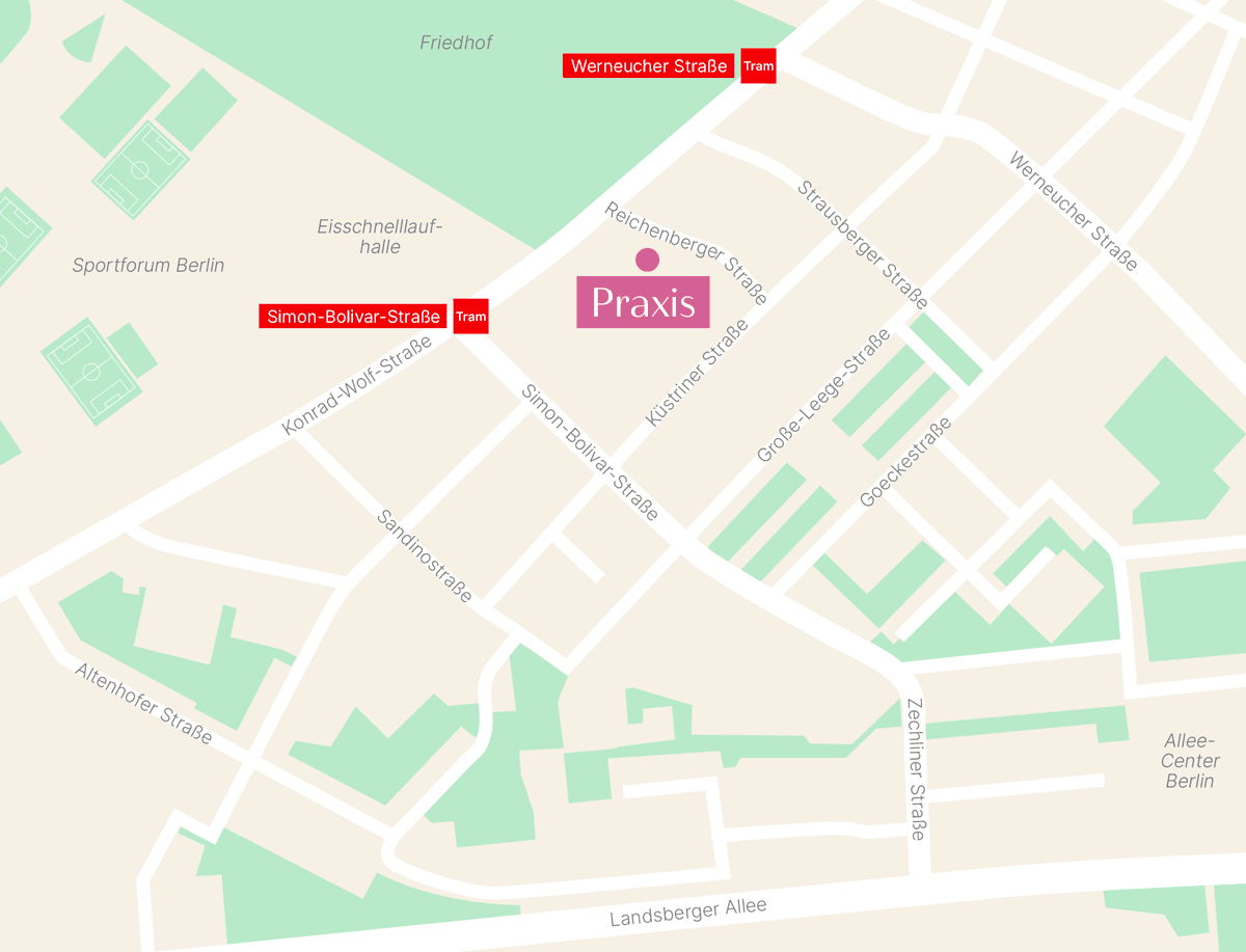 Lage der Frauenarztpraxis Dr. Triska an der Reichenberger Straße in Berlin-Lichtenberg nahe der Tram-Stationen Simon-Bolivar-Straße und Werneucher Straße