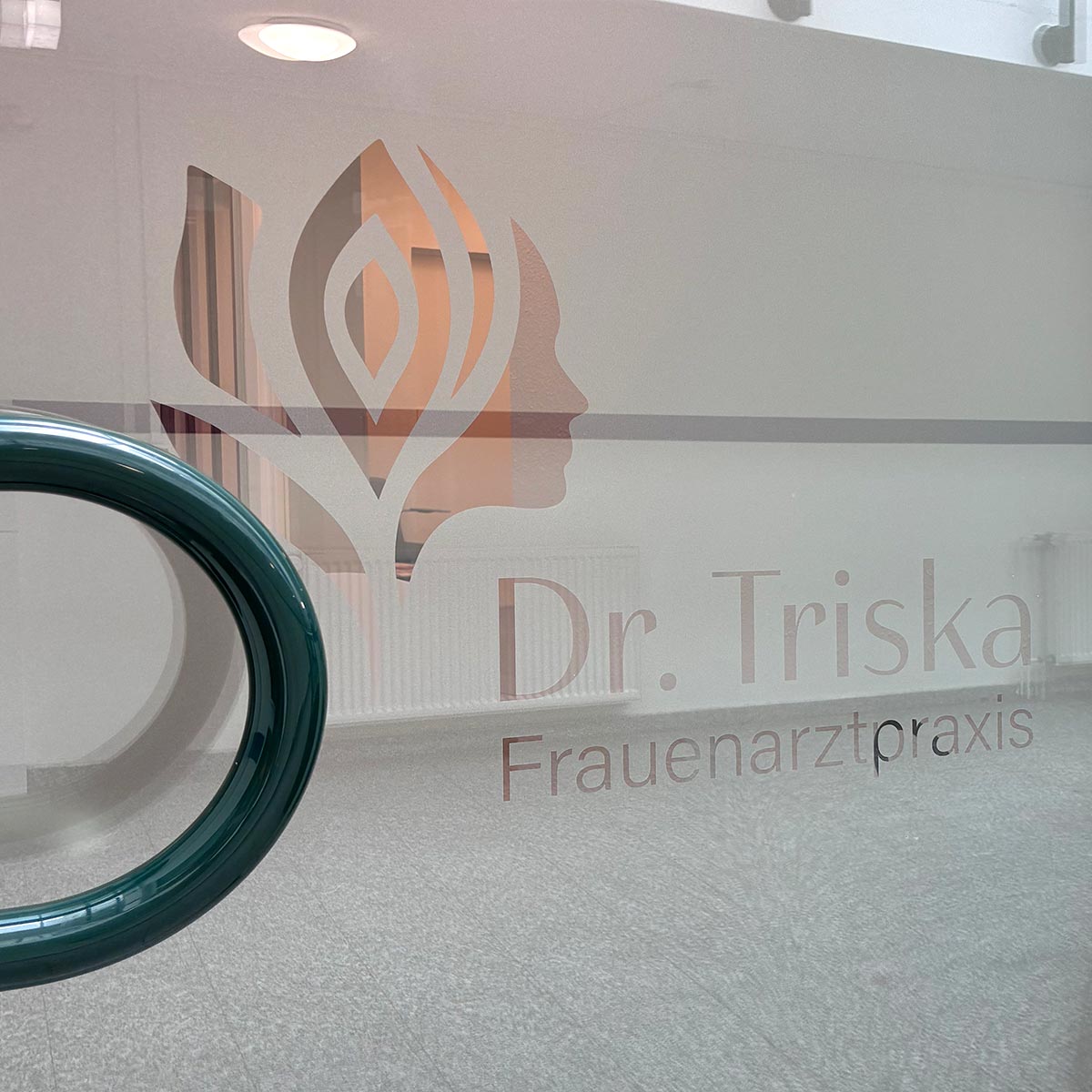 Mattierte Glas-Eingangstür mit dem Logo der Frauenarztpraxis